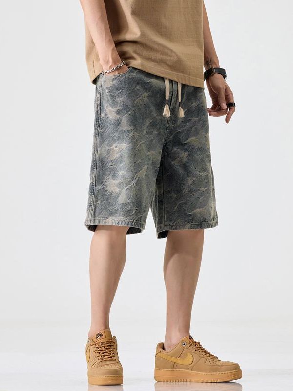 Bermuda uomo in denim camouflage estivo con coulisse, ampio e leggero