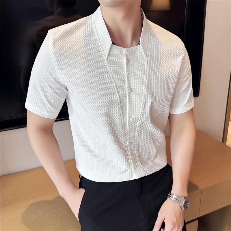 Camicia uomo estiva slim con colletto alla coreana, stile business trendy