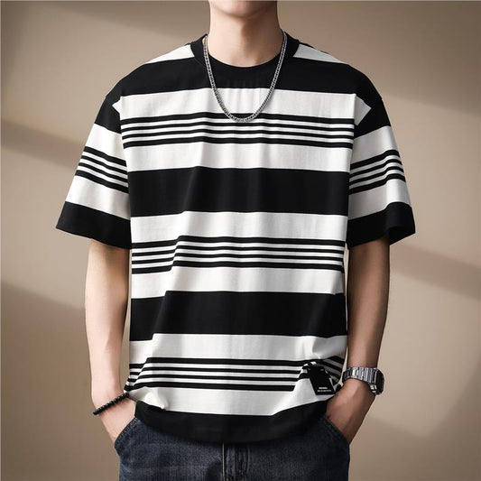 T-shirt uomo a righe bicolore estiva oversize, stile casual