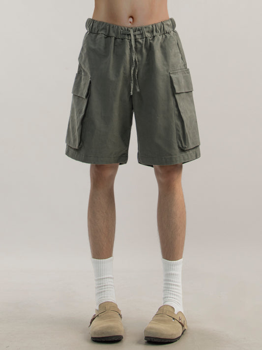 Pantaloncini cargo uomo stile militare verde militare, larghezza ampia