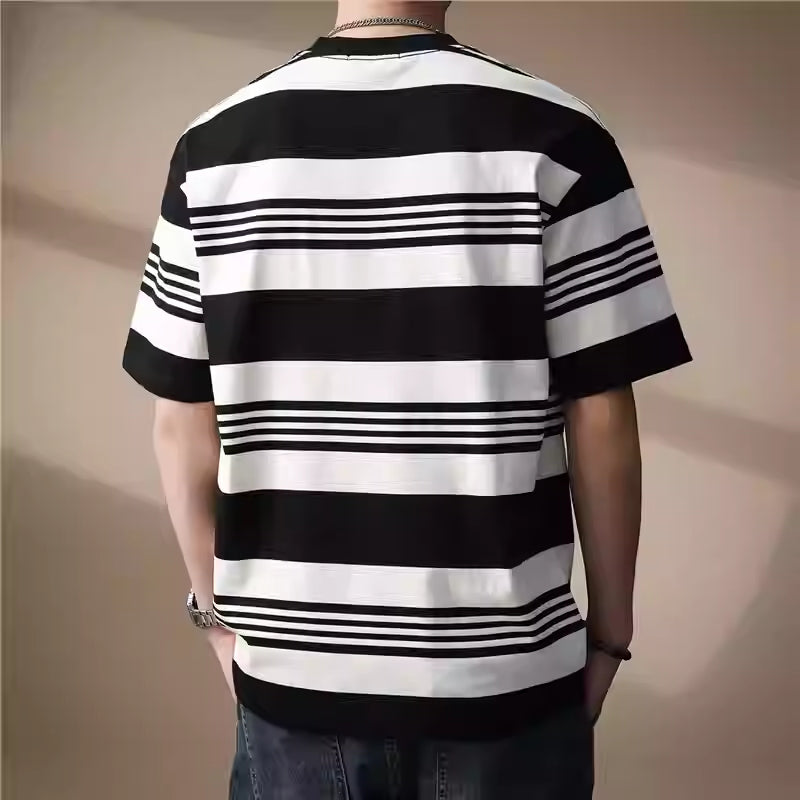 T-shirt uomo a righe bicolore estiva oversize, stile casual
