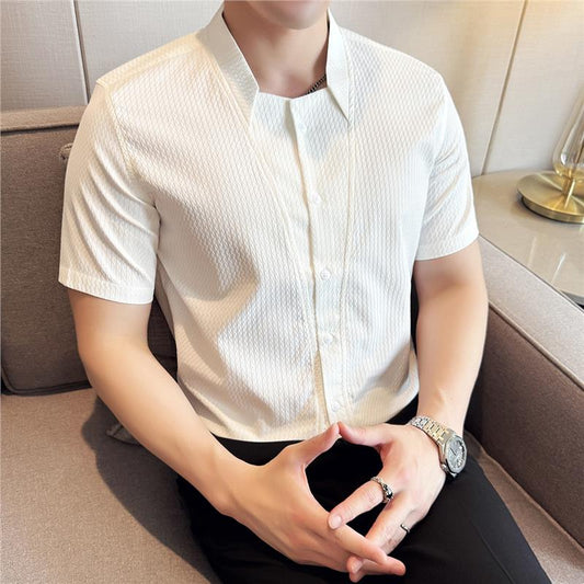 Camicia uomo estiva slim con colletto alla coreana, stile business trendy