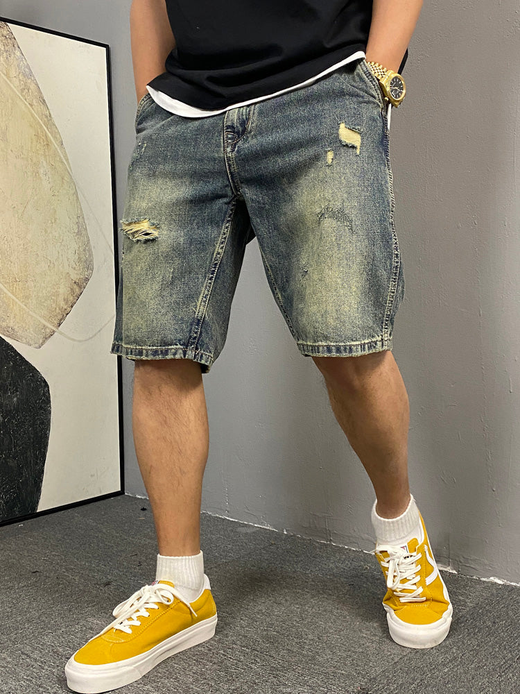 Shorts estivi uomo in denim colore fango stile urbano strappato