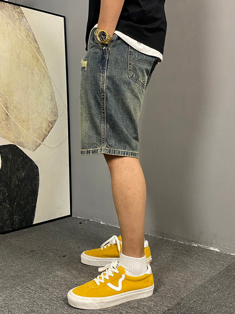 Shorts estivi uomo in denim colore fango stile urbano strappato
