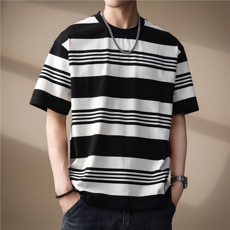 T-shirt uomo a righe bicolore estiva oversize, stile casual