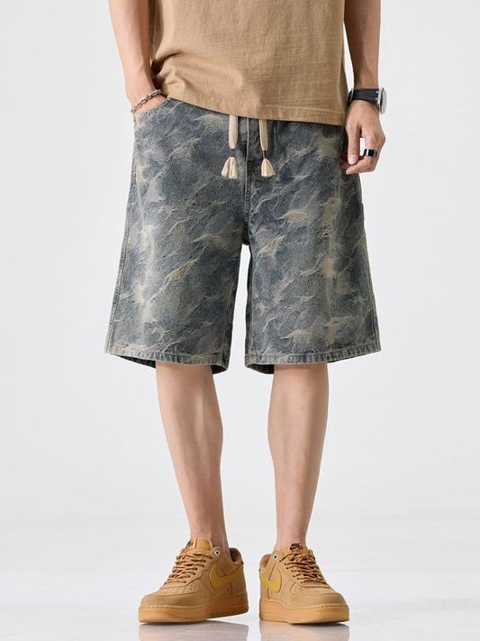 Bermuda uomo in denim camouflage estivo con coulisse, ampio e leggero