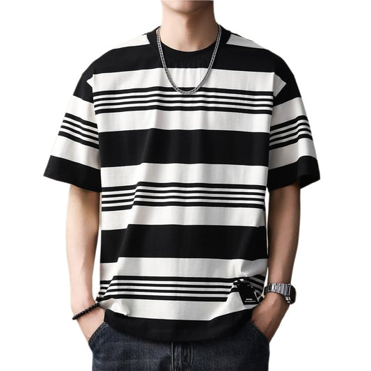 T-shirt uomo a righe bicolore estiva oversize, stile casual