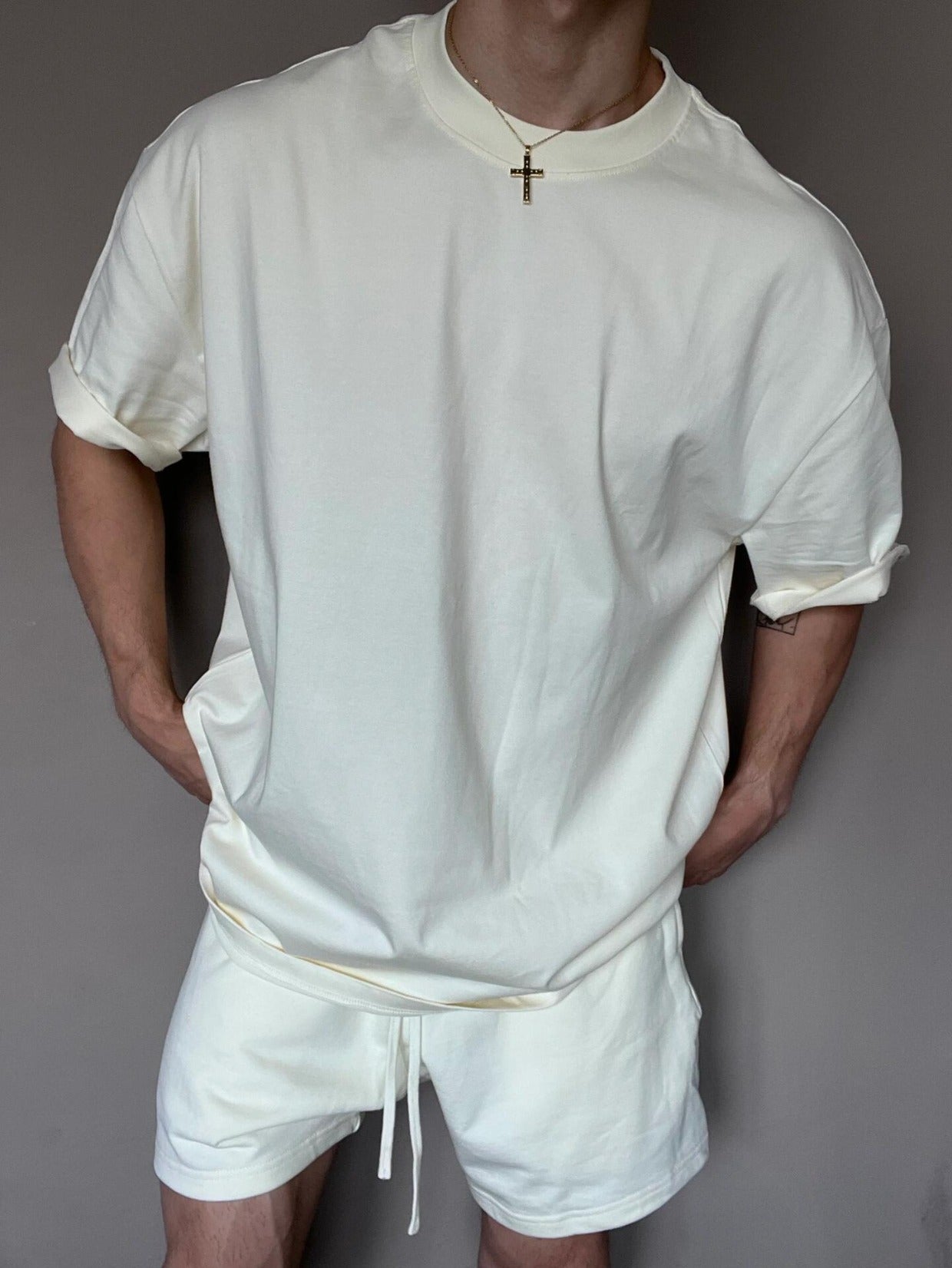 T-shirt uomo 305g oversize in cotone, girocollo stretto, stile USA
